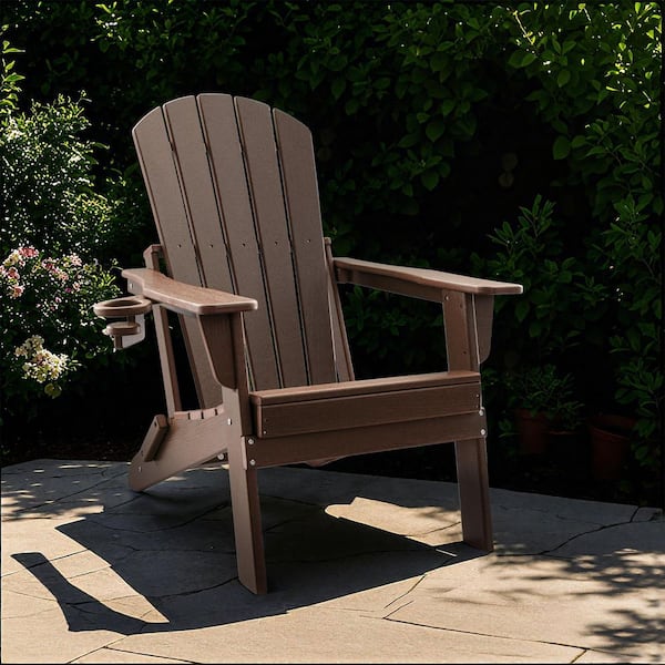 HDPE Folding Adirondack Chair with Cup Holder, Weather-Resistant Low Maintenance, Supports up to 400 lbs. Coffee, 4 Pack
