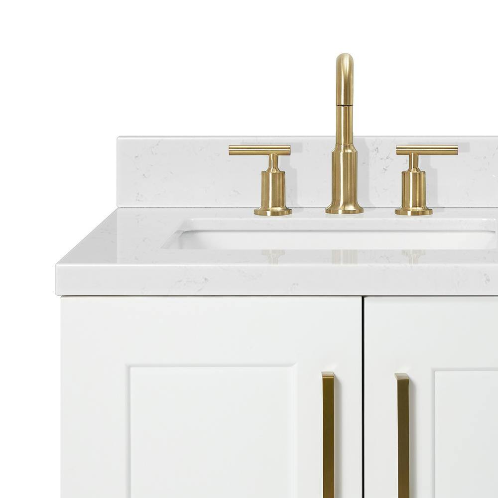 White Quartz Single Basin Freestanding Vanity with Gold Hardware