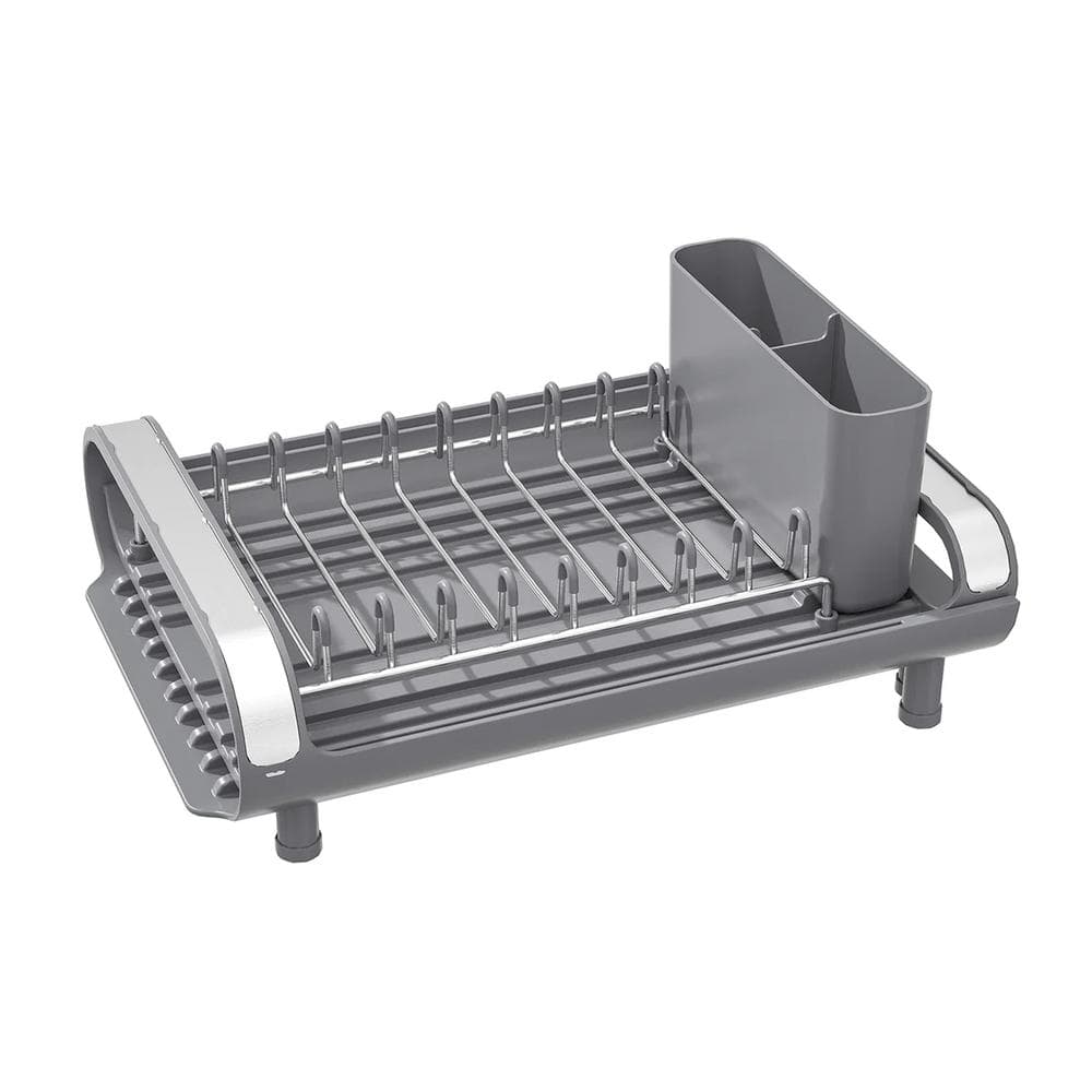 Compact Gray Metal Foldable Dish Rack with Utensil Cup