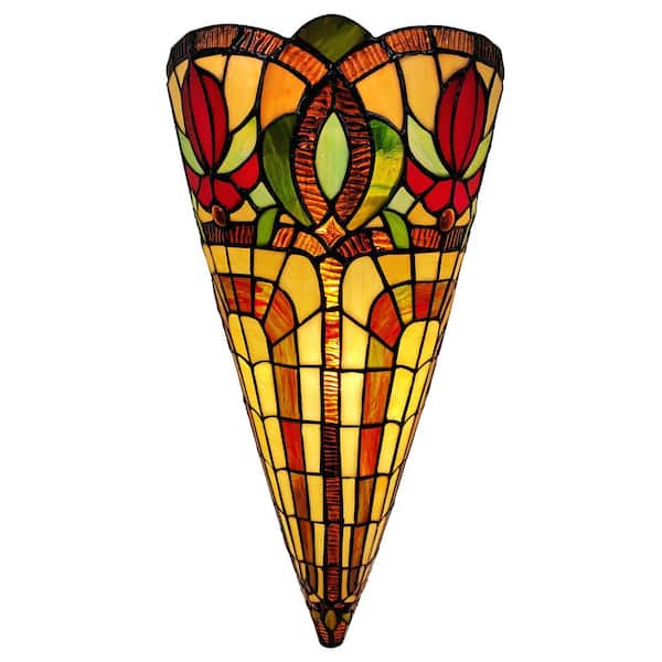 Amora Lighting 2-Light Tiffany Style Brown Yellow Red Flower Stained Glass Wall Crowned Sconce