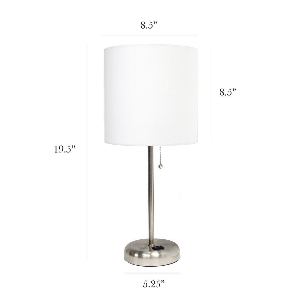 White Fabric Shade Brushed Steel Stick Table Lamp Set with Charging Outlet