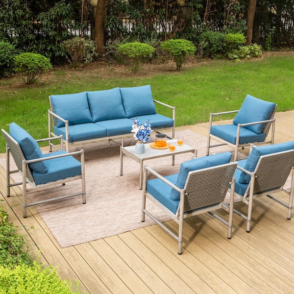PHI VILLA Gray 6-Piece 7-Seat Metal Outdoor Patio Conversation Sectional Seating Set with Coffee Table and Blue Cushions