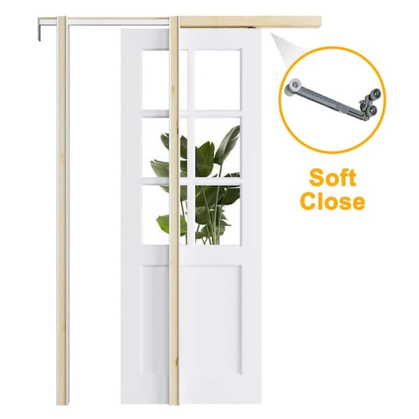 32 in. x 96 in. 6 Lite Clear Glass White Primed Wood Sliding Pocket Door with Pocket Door Hardware Set and Soft Close