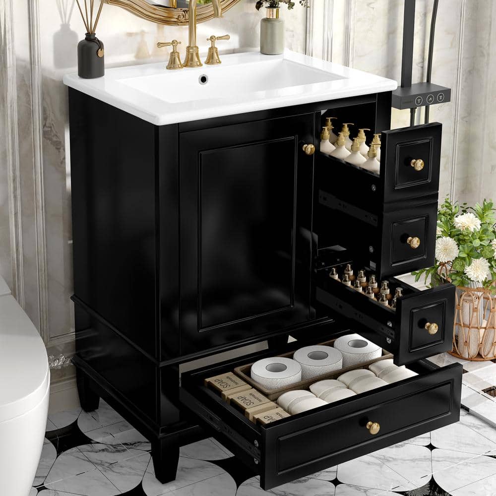 24 in. W x 18.3 in. D x 34 in. H Freestanding Bath Vanity in Black with White Ceramic Top(Unassembled) price history on PriceWatchPro