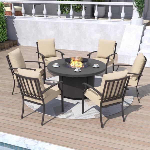 Halmuz 7-Piece Metal Patio Conversation Set with 48 in Halmuz 7-Piece Metal Patio Conversation Set with 48 in