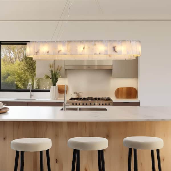 12-Light White Alabaster Chandelier, Adjustable Modern Rectangle Chandelier for Dining Room, Living Room, Kitchen Island
