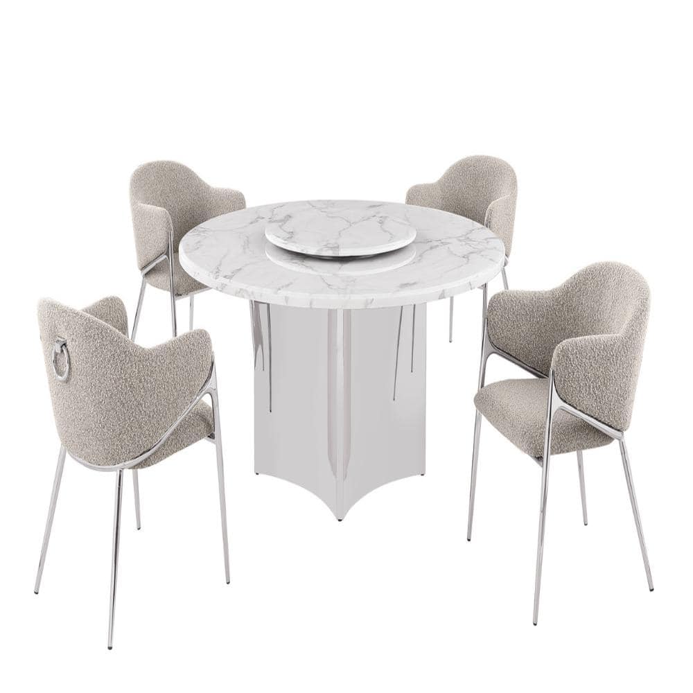 Fabi 5-Piece Round White Marble Top With Lazy Susan Stainless Steel Base Dining Set With 4 Grey Chairs price history on PriceWatchPro