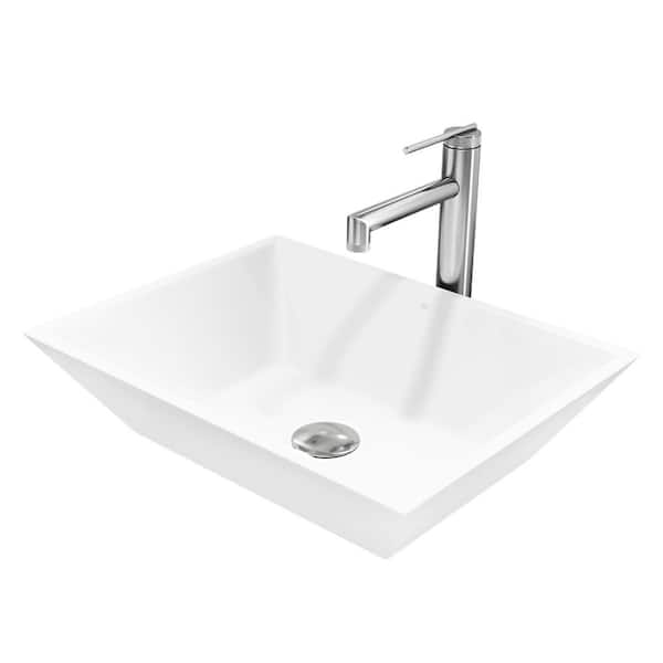 Matte Stone Vinca Composite Rectangular Vessel Bathroom Sink in White with Faucet and Pop-Up Drain in Brushed Nickel