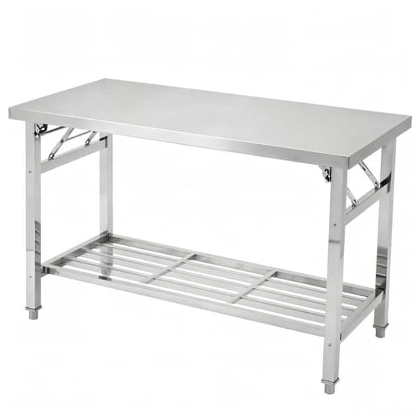 Heavy-Duty Stainless Steel Folding Work Table with Adjustable Undershelf, Space-Saving, No Installation 48x24x32 inch
