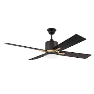 Teana 52 in. Indoor Tri-Mount Flat Black/Satin Brass Ceiling Fan, Integrated LED Light & 4 Speed Wall Control Included
