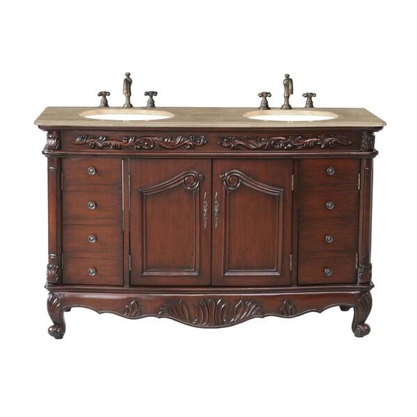 stufurhome Jupiter 56 in. Vanity in Dark Cherry with Marble Vanity Top in Travertine with White Undermount Sinks-DISCONTINUED