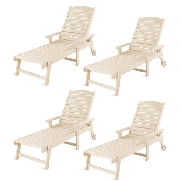LUE BONA Helen Sand Recycled Plastic Plywood Outdoor Reclining Chaise Lounge Chairs with Wheels for Poolside Patio(set of 4)