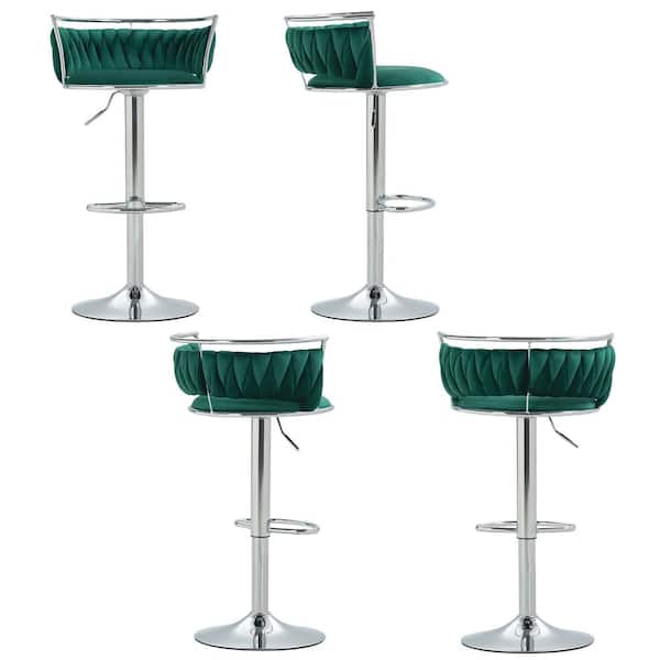 Uixe 38.5 in. Modern Silver Metal Frame Low Back Swivel Adjustable Height Bar Stool with Dark Green Velvet Seat (set of 4)