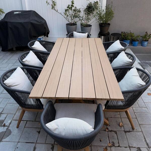 9-Piece Aluminum Frame Wicker Rectangle Outdoor Dining Set with Beige Cushions and Pillows, Teak