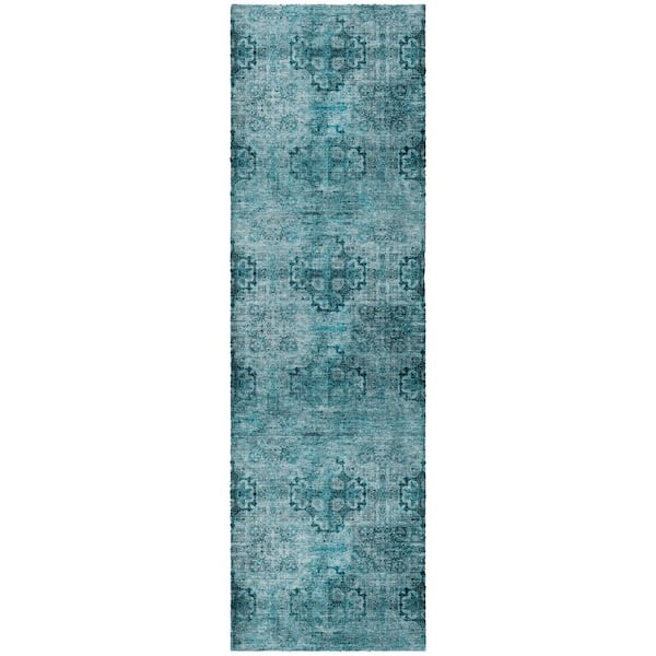 Dream Shag Premium Machine Washable Abstract ADS557 Teal 2 ft. x 7 ft. Runner Rug