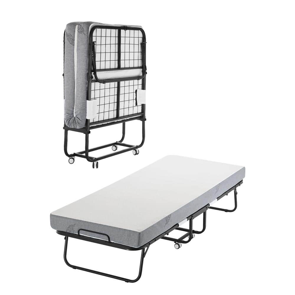 Twin Size Black Metal Rollaway Bed with White Foam Mattress