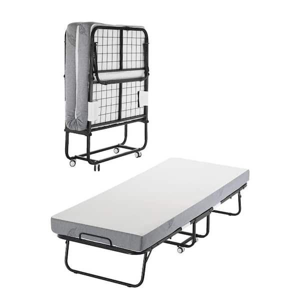Rollaway Bed, Black Metal Frame, Outdoor Rocking Chair with White Cushion, 31 x 75 in. Folding Bed with 5 in. Mattress