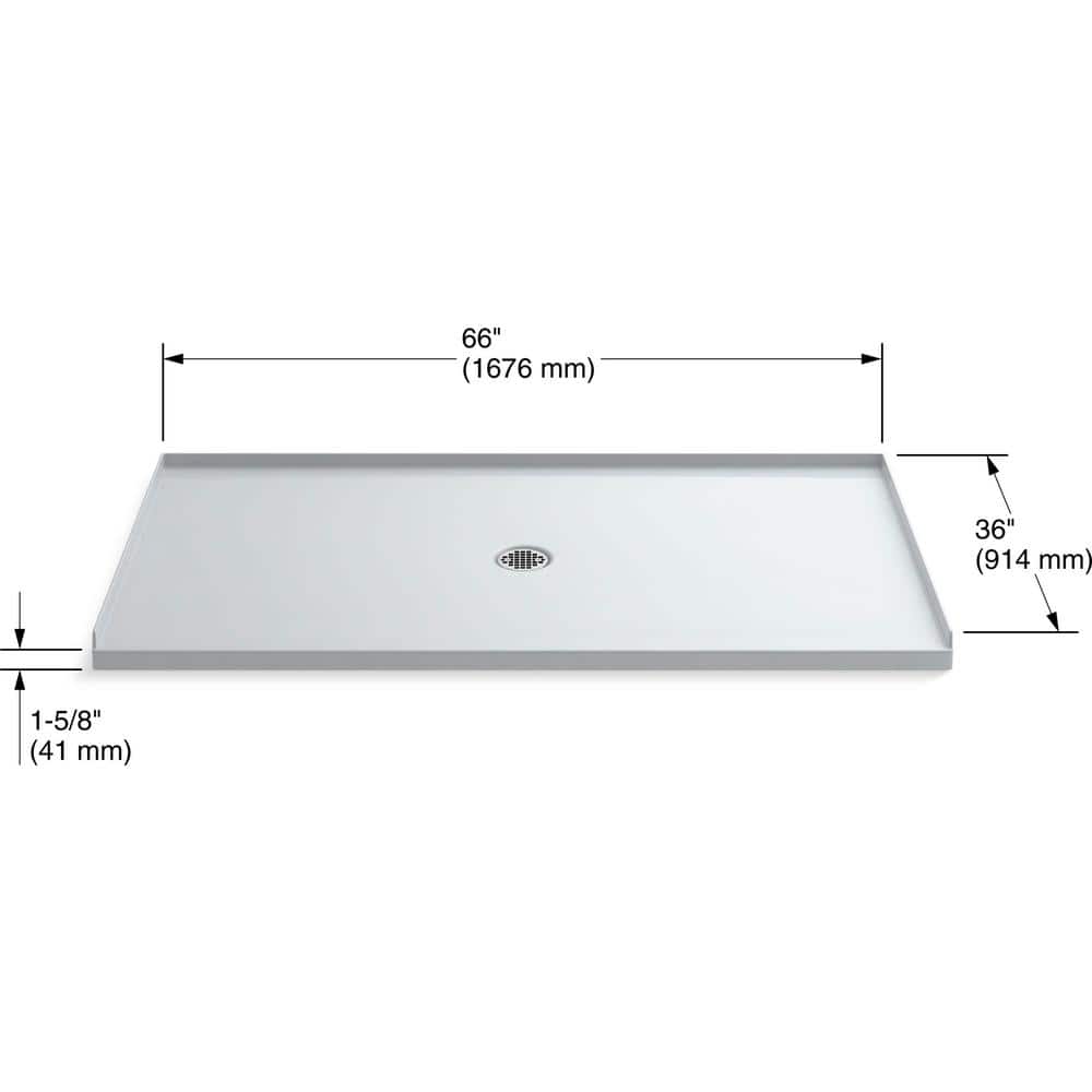 White Acrylic Resin Concrete 66" x 36" Shower Base with Center Drain