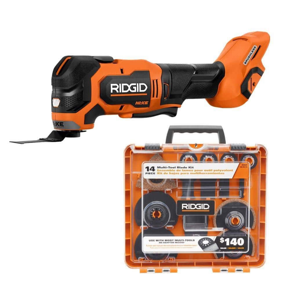 RIDGID 18V NUKE SubCompact Brushless Cordless Multi-Tool (Tool Only) w/ 14-Piece Oscillating Multi-Tool Blade Accessory Kit (RNKSMT01AC24J14)