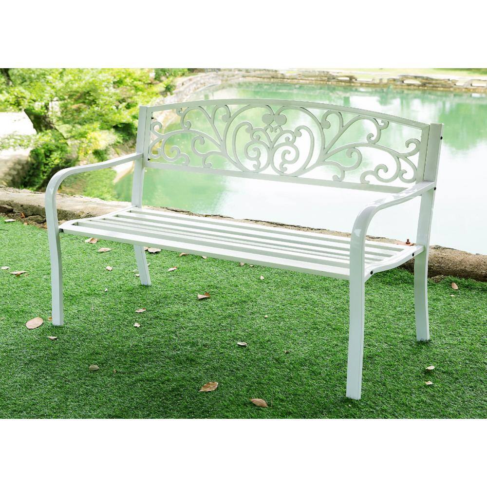 White Metal Outdoor Garden Bench with Scroll Backrest
