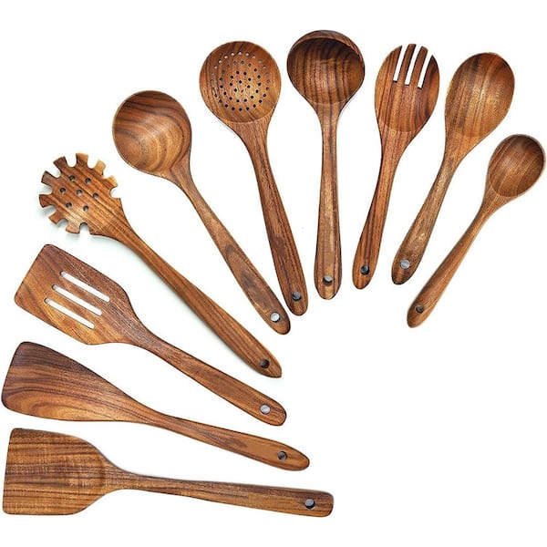 10-Piece Natural Teak Wooden Kitchen Utensils Set with Spoons, Spatulas for Cooking, Durable Wooden Cooking Utensils