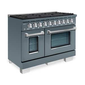 BOLD 48 in 6.7 CF 8-Burners Freestanding Double Oven Dual Fuel Range-Gas Stove & Electric Oven-GR RAL 7031 W/Chrome Trim