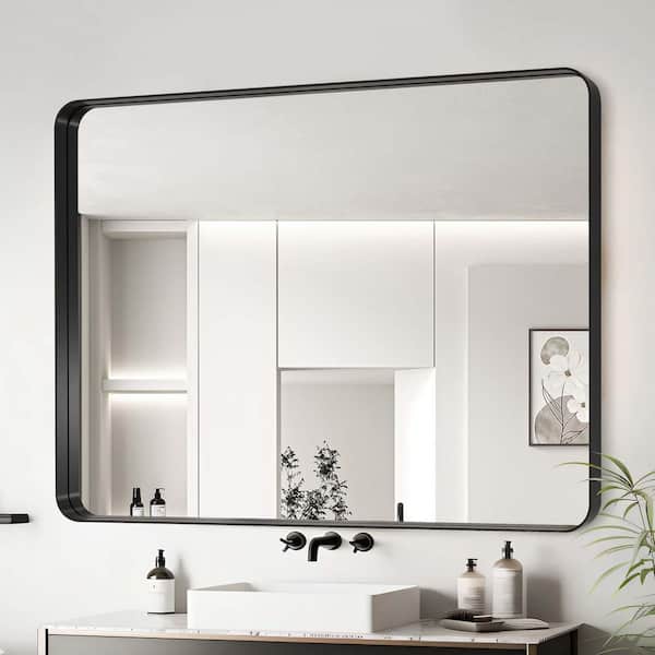 Black 40 in W x 36 in. H Aluminium Framed Bathroom Vanity Mirrors for Over Sink Wall, Rounded Rectangle Wall Mirror