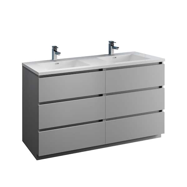 Fresca Lazzaro 60 in. Modern Double Bathroom Vanity in Gray with Vanity Top in White with White Basins