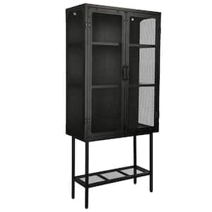 27.6 in. W x 12.7 in. D x 59.1 in. H Black Linen Cabinet with Adjustable Shelves and 2 Metal Mesh Doors for Living Room