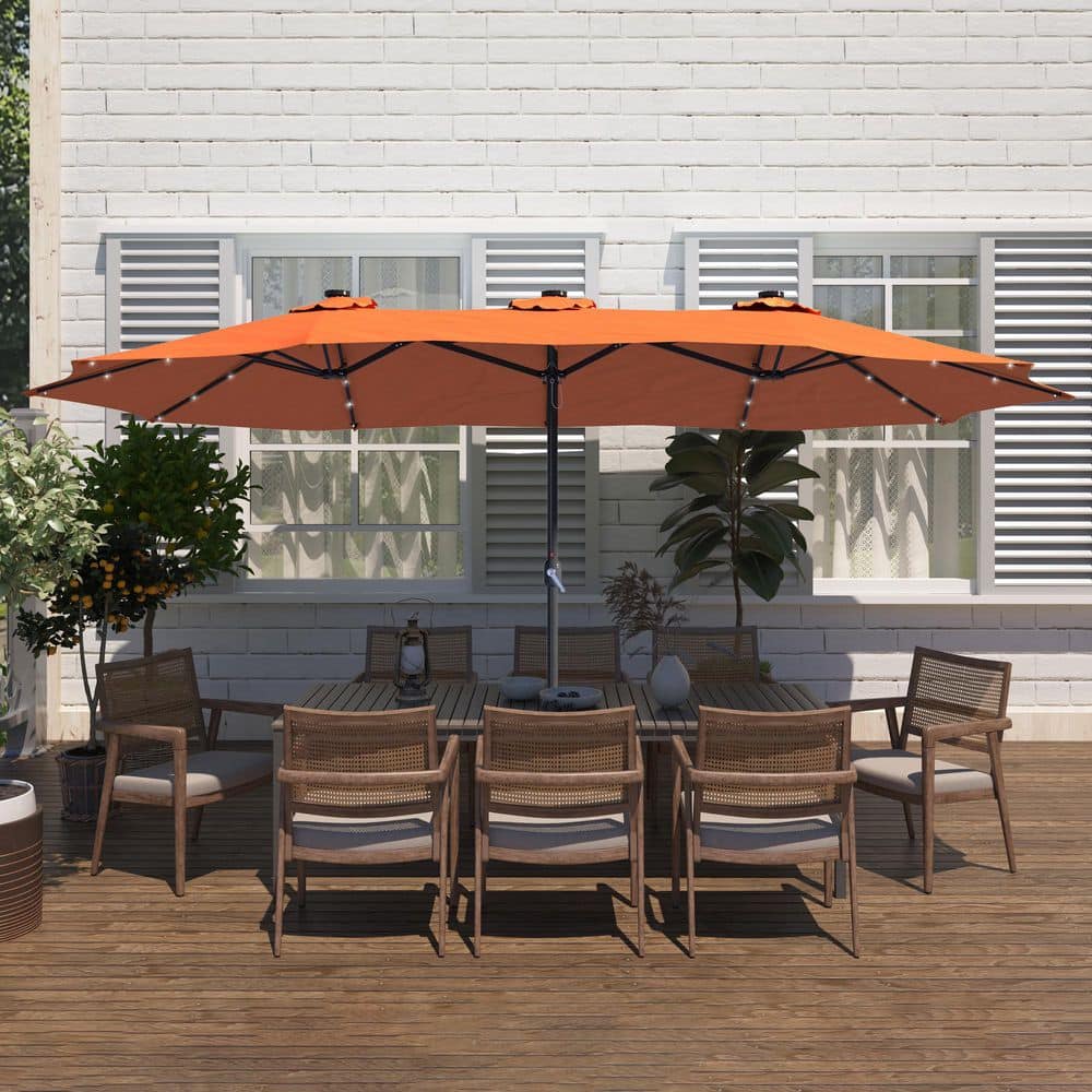 15 ft. Steel Patio Double-Side Market Umbrella with Base and Solar Light wi