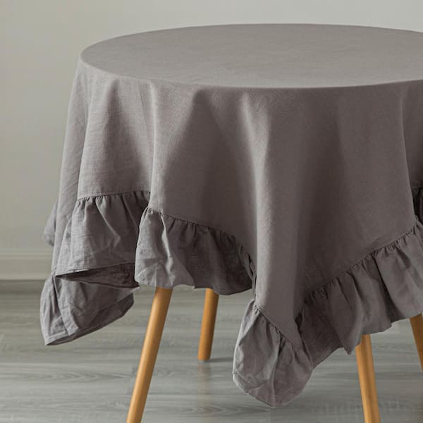 DEERLUX 60 in. x 60 in. Square Grays Solid 100% Pure Linen Washable Tablecloth with Ruffle Trim