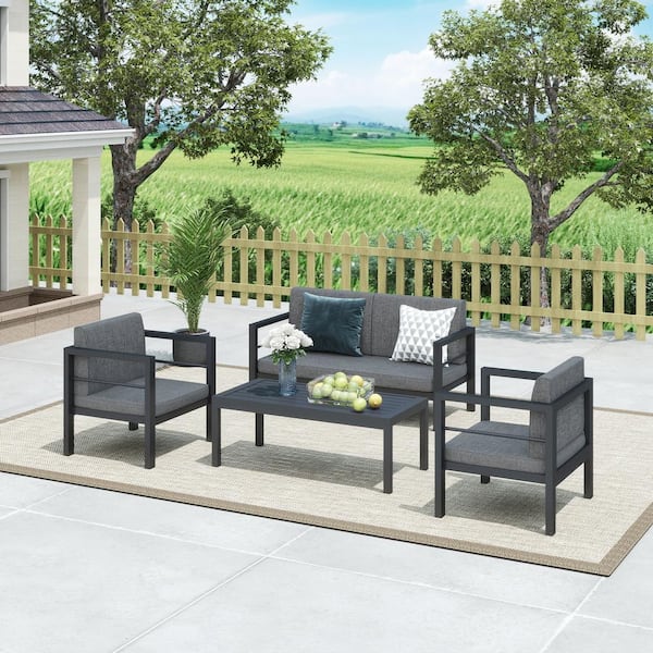 COVERONICS Outdoor 4-Piece Aluminum Patio Conversation Set with Drak Gray Cushions