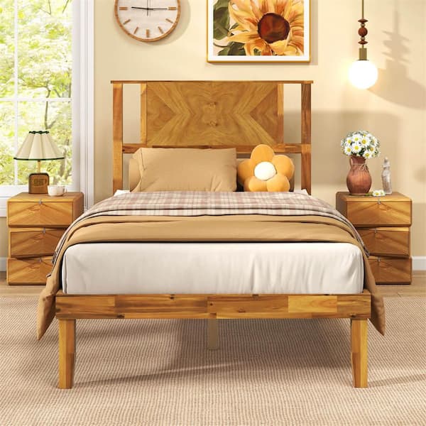 Rustic Golden Brown Wood Frame Twin Size Platform Bed with Headboard Under-Bed Space No Box Spring Needed