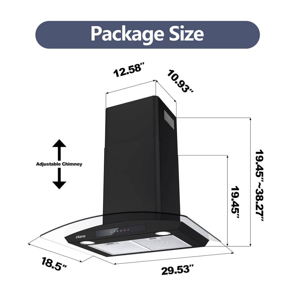 CIARRA 30-inch Black Convertible Wall Mount Range Hood with Glass Visor