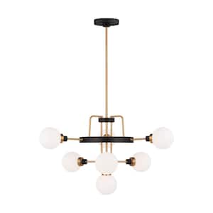 Rowan 7-Light Black and Satin Brass Contemporary Dimmable Indoor/Outdoor Chandelier with Etched Opal Glass Shades