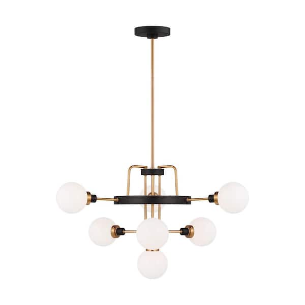 Generation Lighting Rowan 7-Light Black and Satin Brass Contemporary Dimmable Indoor/Outdoor Chandelier with Etched Opal Glass Shades