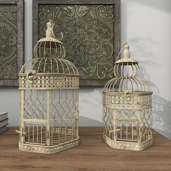 Litton Lane Cream Metal Hinged Top Birdcage with Latch Lock Closure and Hanging Hook (2- Pack)
