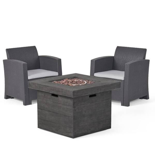 Noble House Bedrock 3-Piece Faux Wicker Patio Fire Pit Conversation Set with Light Grey Cushions
