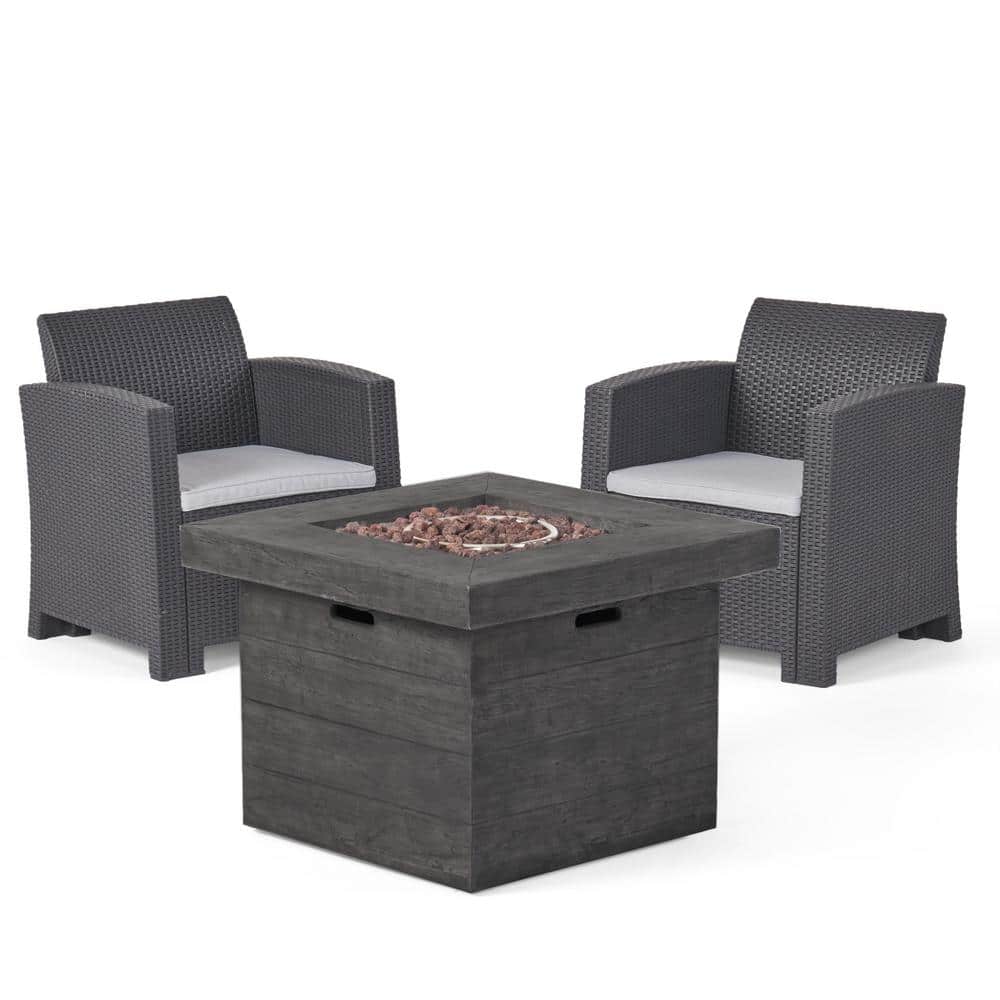 Noble House  Bedrock 3-Piece Plastic Patio Fire Pit Conversation Set with Light Grey Cushions - 1