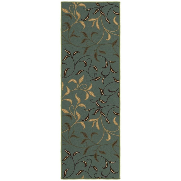 Ottomanson Ottohome Collection Non-Slip Rubberback Leaves 2x5 Indoor Runner Rug, 1 ft. 8 in. x 4 ft. 11 in., Dark Seafoam Green