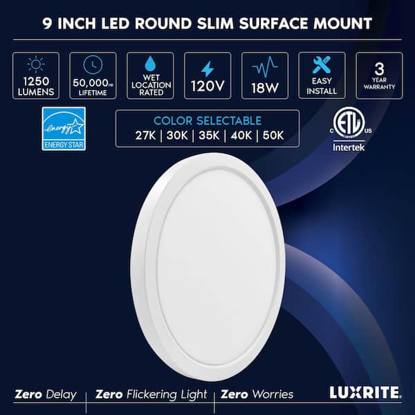 9 in. White Modern Flush Mount Ceiling Light Fixture Selectable LED Integrated 18W 1250LM 5CCT 2700K-5000K Dimmable ETL