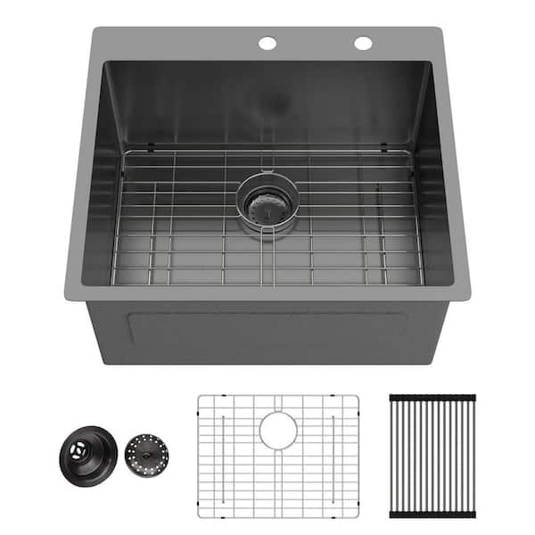 25 in. Drop-In/Topmount Singel Bowl 16 Gauge Gunmetal Black Stainless Steel Kitchen Sink with Baskets Strainers
