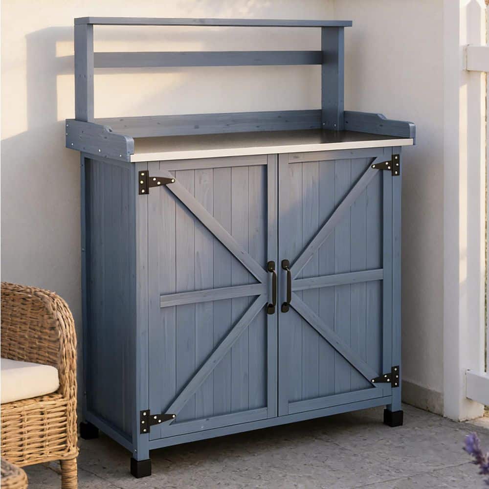 Gray Wooden 2-Shelves Potting Bench Table with Storage Cabinet and Galvanized Plated Tabletop price history on PriceWatchPro