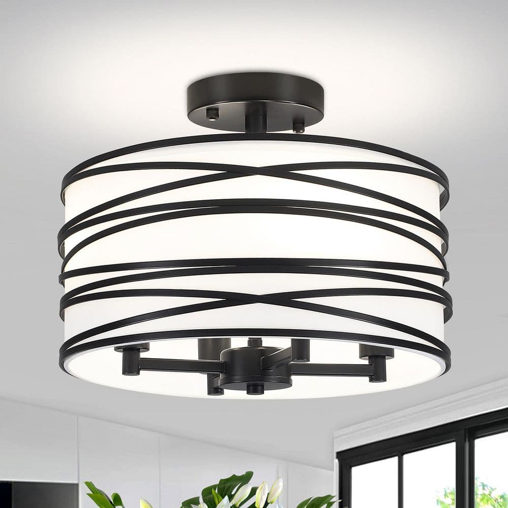 12.99 in. 4-Light Modern Black Metal and Fabric Drum Semi Flush Mount Ceiling Light Fixture price history on PriceWatchPro