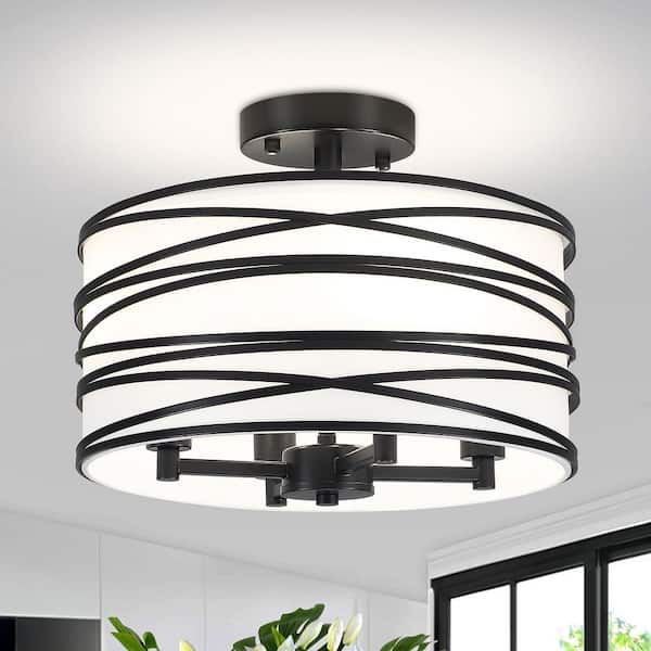 12.99 in. 4-Light Modern Black Metal and Fabric Drum Semi Flush Mount Ceiling Light Fixture
