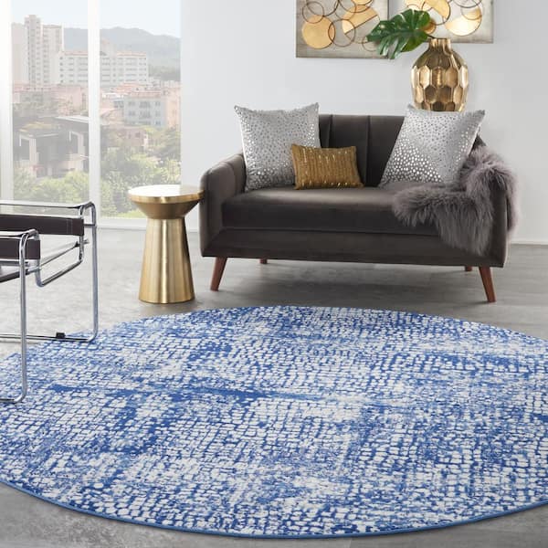 Whimsicle Ivory Navy 8 ft. x 8 ft. Abstract Round Area Rug