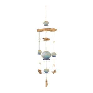 35 in. Blue Ceramic Shell Ombre Windchime with Driftwood and Bead Accents