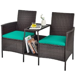 Brown 1-Piece Wicker Patio Conversation Set Seat Sofa Loveseat Glass Table Chair with Turquoise Cushions
