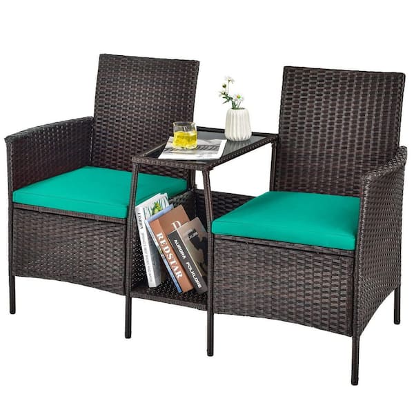 Alpulon Brown 1-Piece Wicker Patio Conversation Set Seat Sofa Loveseat Glass Table Chair with Turquoise Cushions