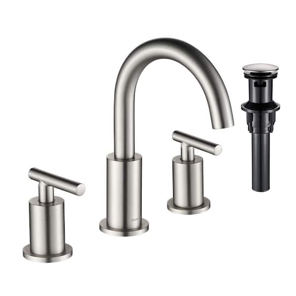 FORIOUS Two-Handle Bathroom Faucet 3-Hole Widespread Bathroom Sink Faucet with Metal Drain and Supply Hose Brushed Nickel